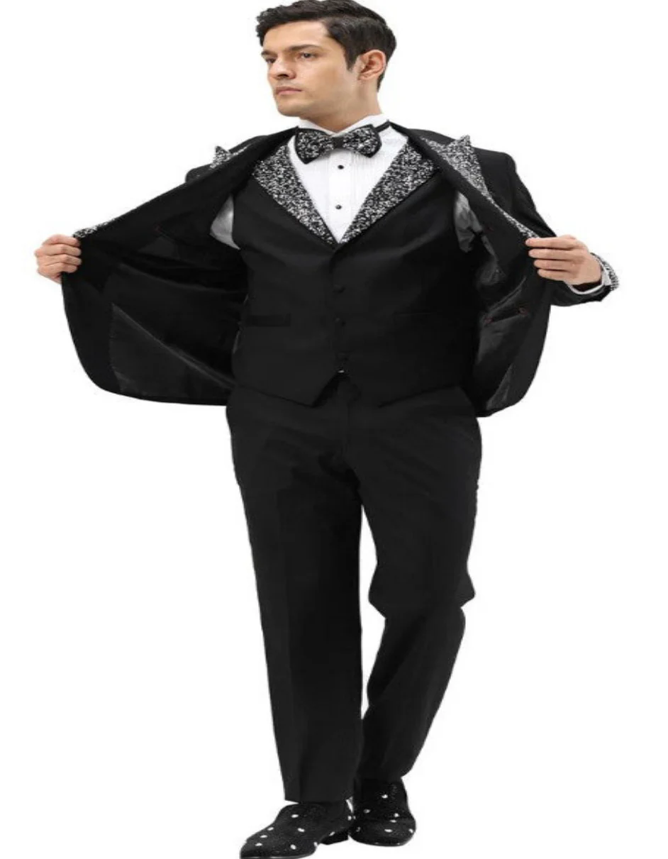 Black Prom Tuxedo - Perfect Wedding Suit Vested Rhinestone sequin Lapelled - Image 2