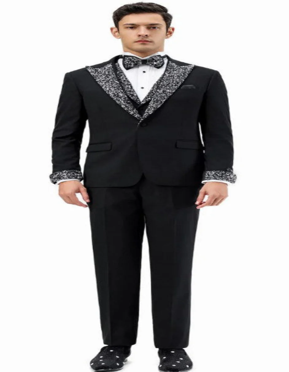 Black Prom Tuxedo - Perfect Wedding Suit Vested Rhinestone sequin Lapelled - Image 3