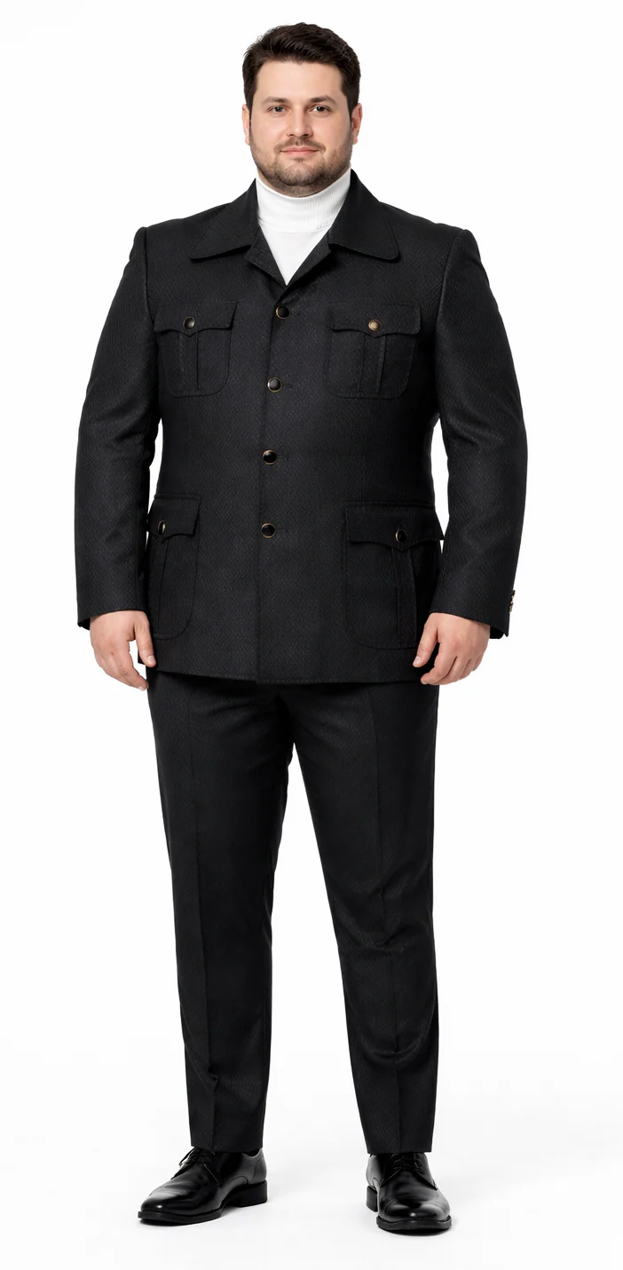 Men's Black Safari Suit with Textured Utility Jacket and Matching Trousers - Casual Walking Suit by Rossiman - Image 6