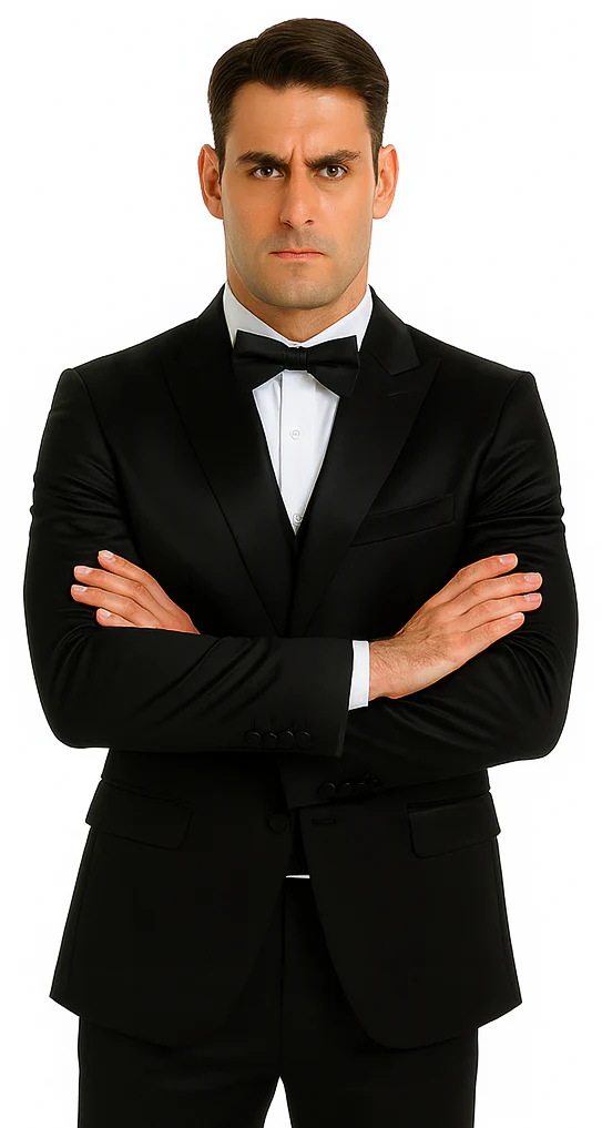 Black Satin Double Breasted Peak Lapel 3 Piece Skinny Fit Tazzio Men's Suit with Matching Bowtie - Image 2