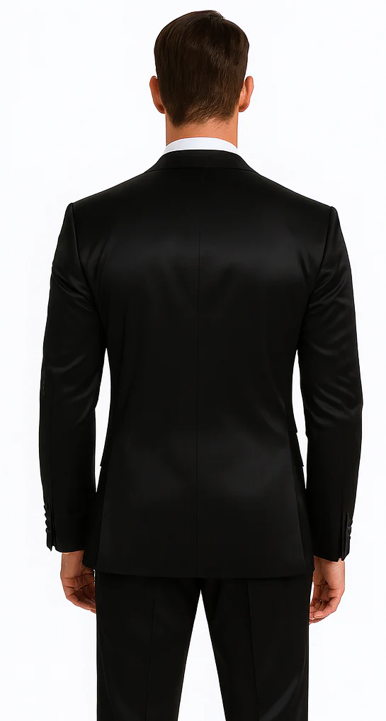 Black Satin Double Breasted Peak Lapel 3 Piece Skinny Fit Tazzio Men's Suit with Matching Bowtie - Image 3