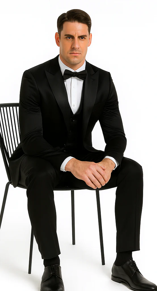 Black Satin Double Breasted Peak Lapel 3 Piece Skinny Fit Tazzio Men's Suit with Matching Bowtie - Image 4
