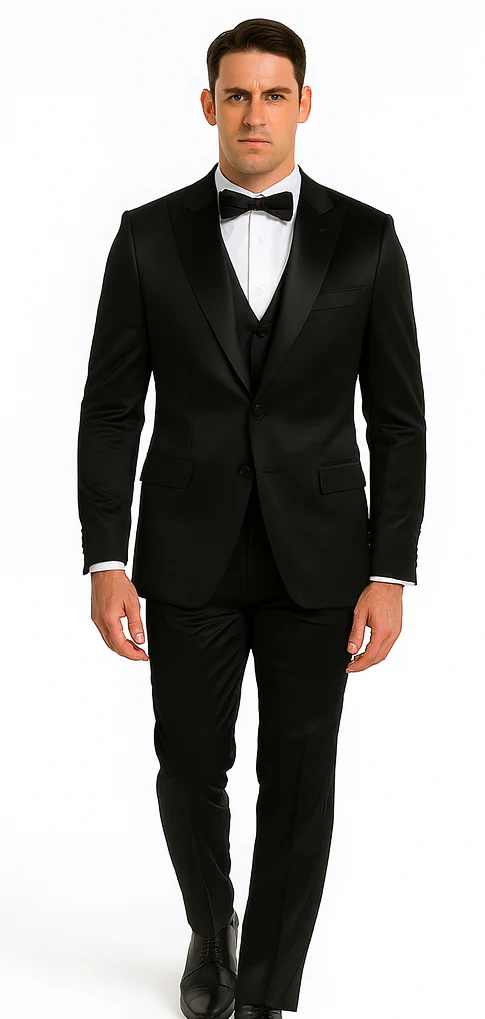 Black Satin Double Breasted Peak Lapel 3 Piece Skinny Fit Tazzio Men's Suit with Matching Bowtie - Image 5