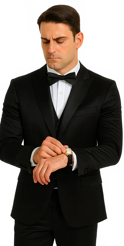 Black Satin Double Breasted Peak Lapel 3 Piece Skinny Fit Tazzio Men's Suit with Matching Bowtie - Image 6