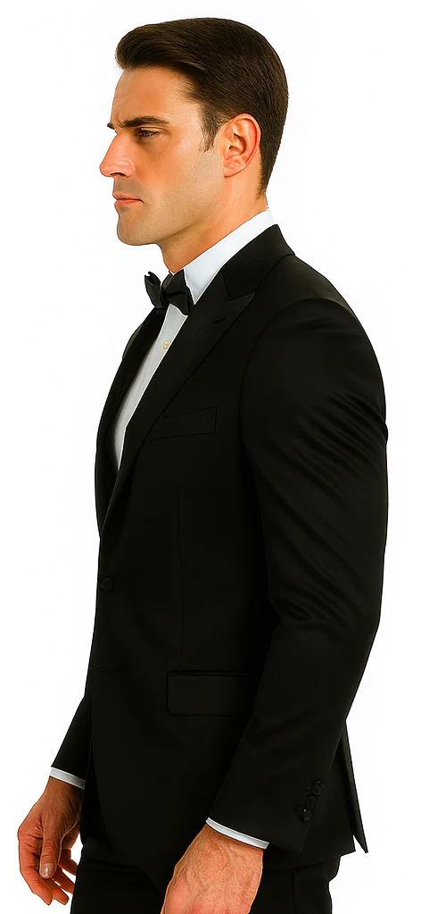 Black Satin Double Breasted Peak Lapel 3 Piece Skinny Fit Tazzio Men's Suit with Matching Bowtie - Image 7