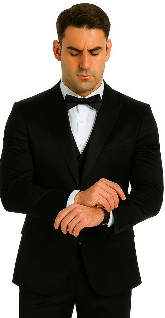 Black Satin Double Breasted Peak Lapel 3 Piece Skinny Fit Tazzio Men's Suit with Matching Bowtie - Image 8