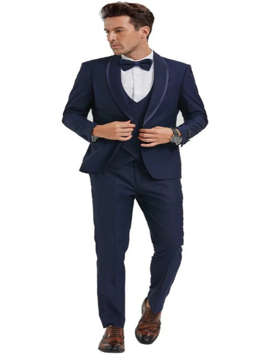 Blue Prom Suit - Blue Homecoming Outfits For Guys in Navy Blue with Blue Satin Trim Tuxedo - Image 2