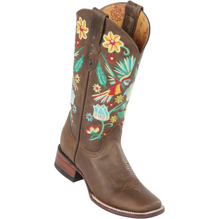 Botas Altas de Cuero con Colibris para Mujer en Horma Rodeo Color Cafe