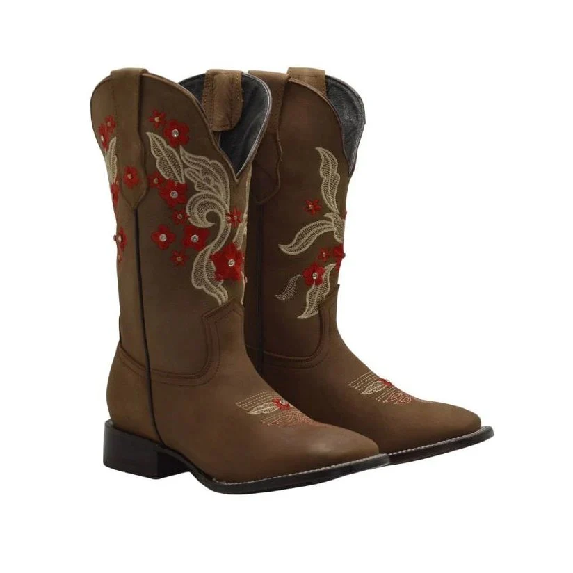 Botas de Cuero Horma Rodeo para Mujer Color Oryx con Flores Rojas JB-1606 - Image 2