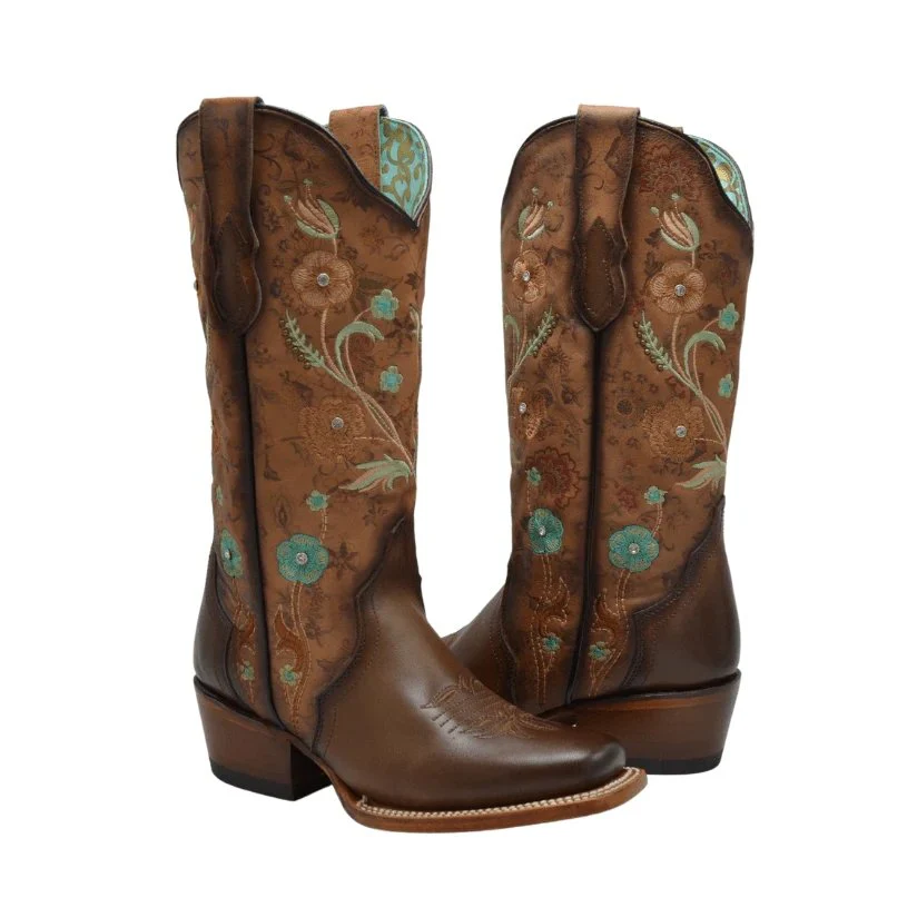 Botas de Cuero Horma Rodeo para Mujer Color Tan con Flores Piedra Swarovski JB-PAC1TAN - Image 2