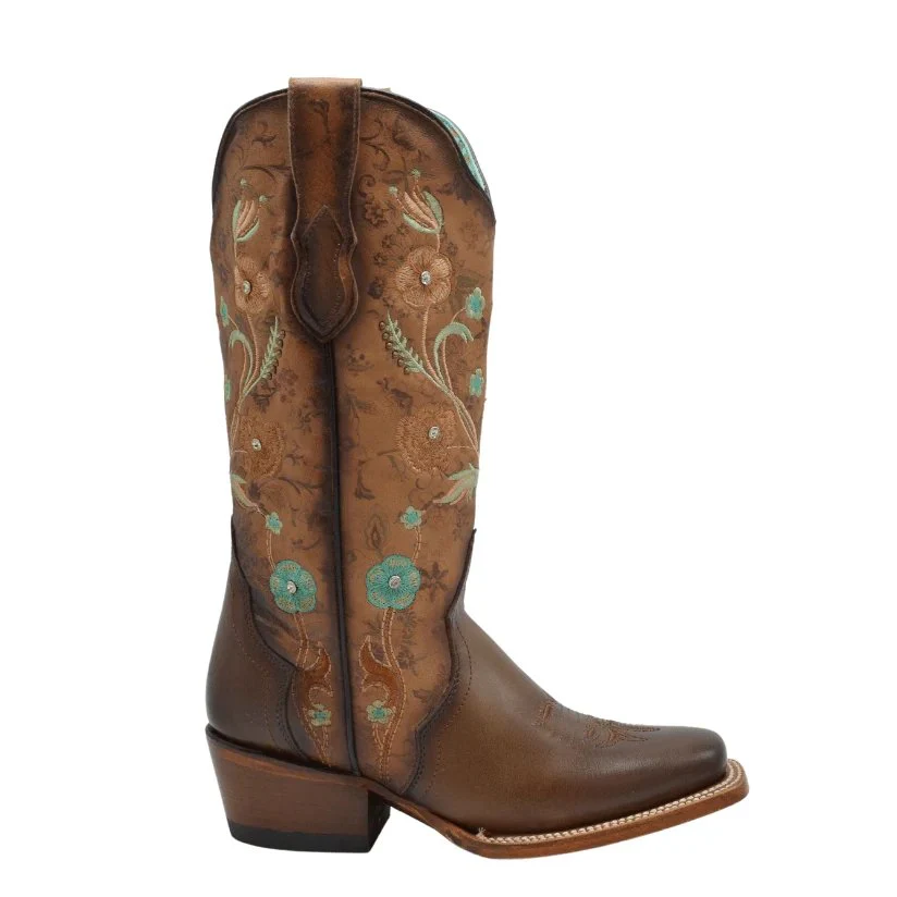 Botas de Cuero Horma Rodeo para Mujer Color Tan con Flores Piedra Swarovski JB-PAC1TAN - Image 3