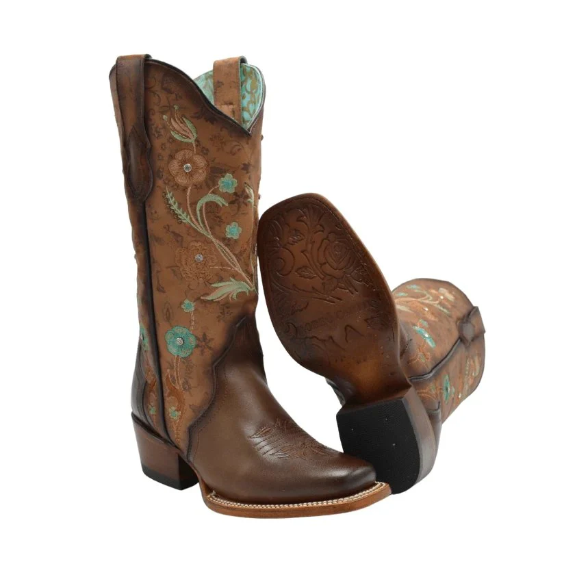 Botas de Cuero Horma Rodeo para Mujer Color Tan con Flores Piedra Swarovski JB-PAC1TAN - Image 4