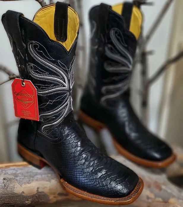Botas de Piton Grabado Horma Rodeo Cuadrada Color Negro - Image 4