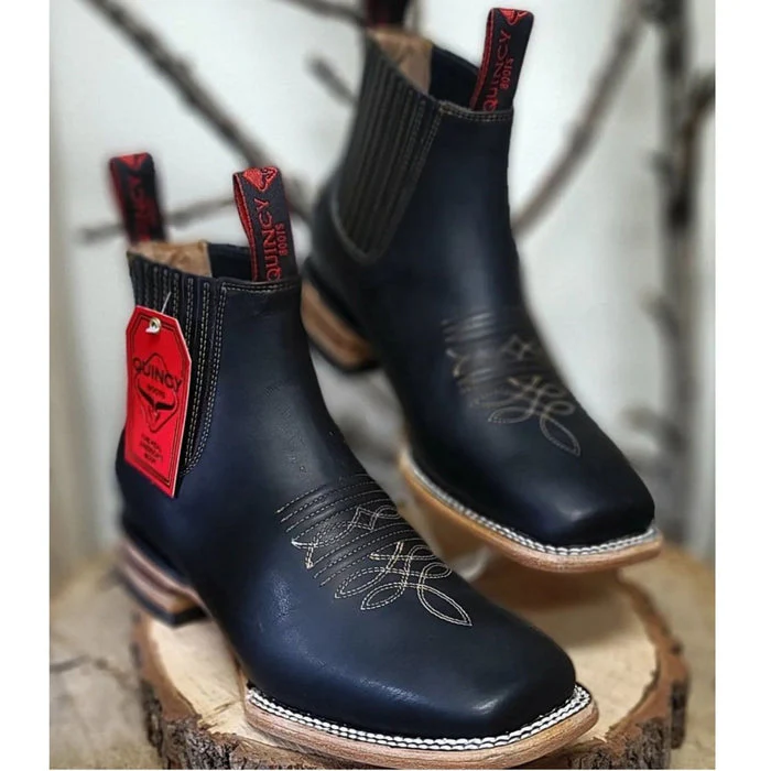Botines Charros Quincy de Cuero con Punta Cuadrada Color Negro