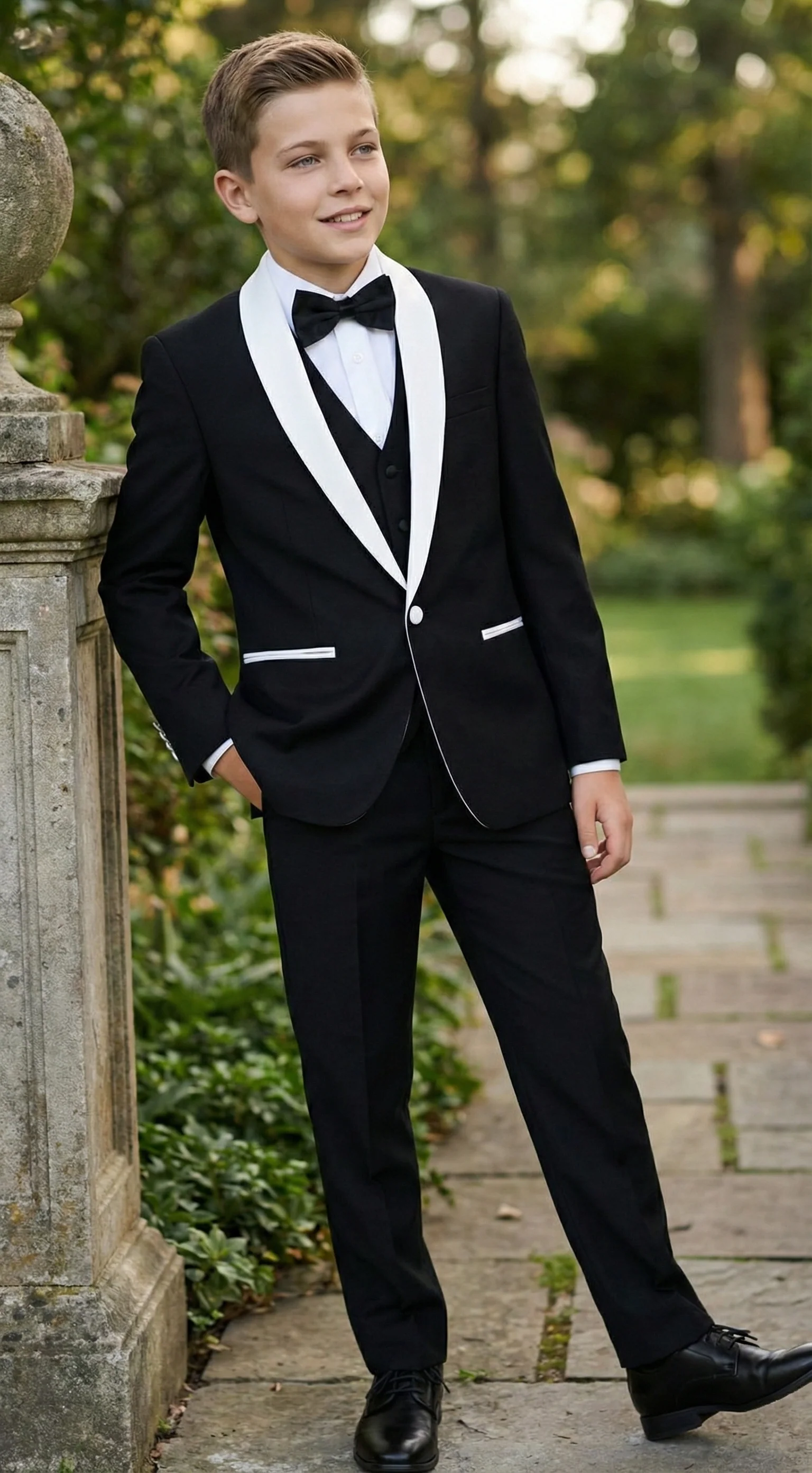 Boys Black Tuxedo Suit with White Shawl Lapel and Bow Tie | Formal Wedding & Prom Outfit Set - Image 5