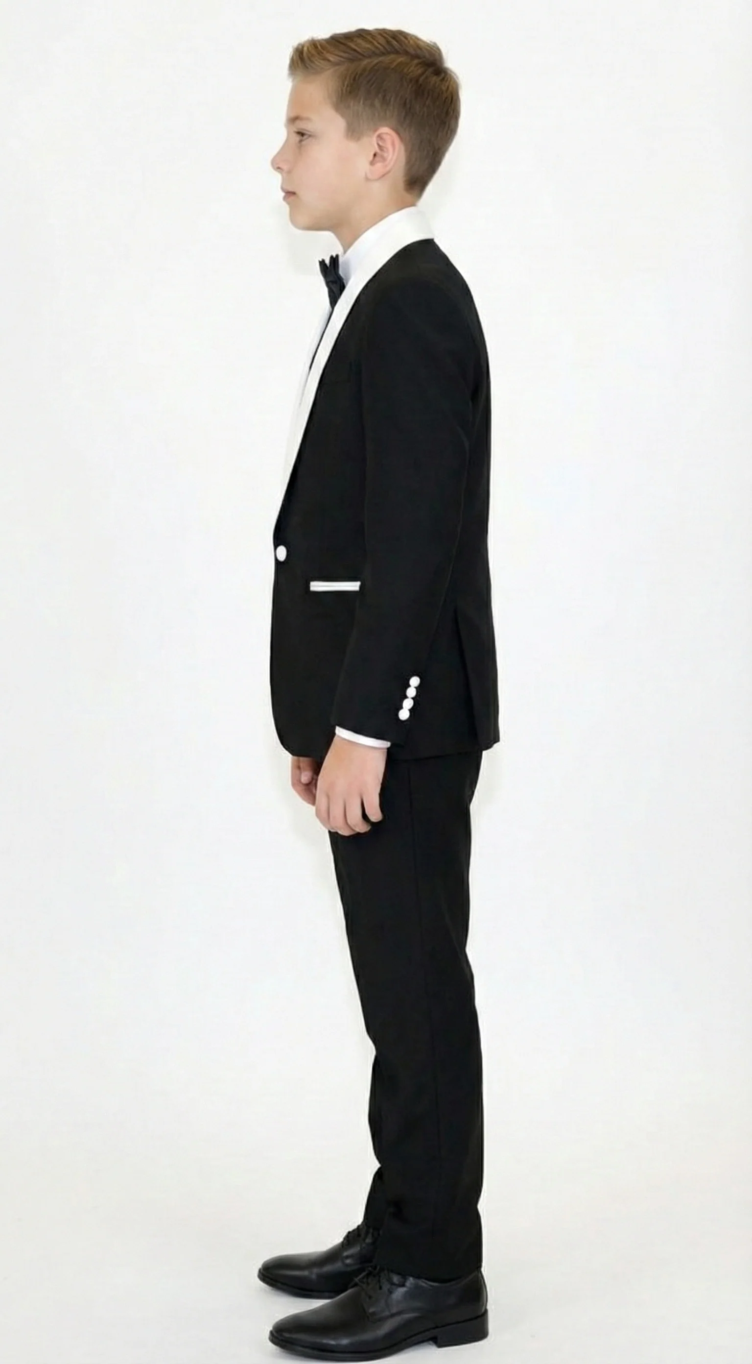 Boys Black Tuxedo Suit with White Shawl Lapel and Bow Tie | Formal Wedding & Prom Outfit Set - Image 7