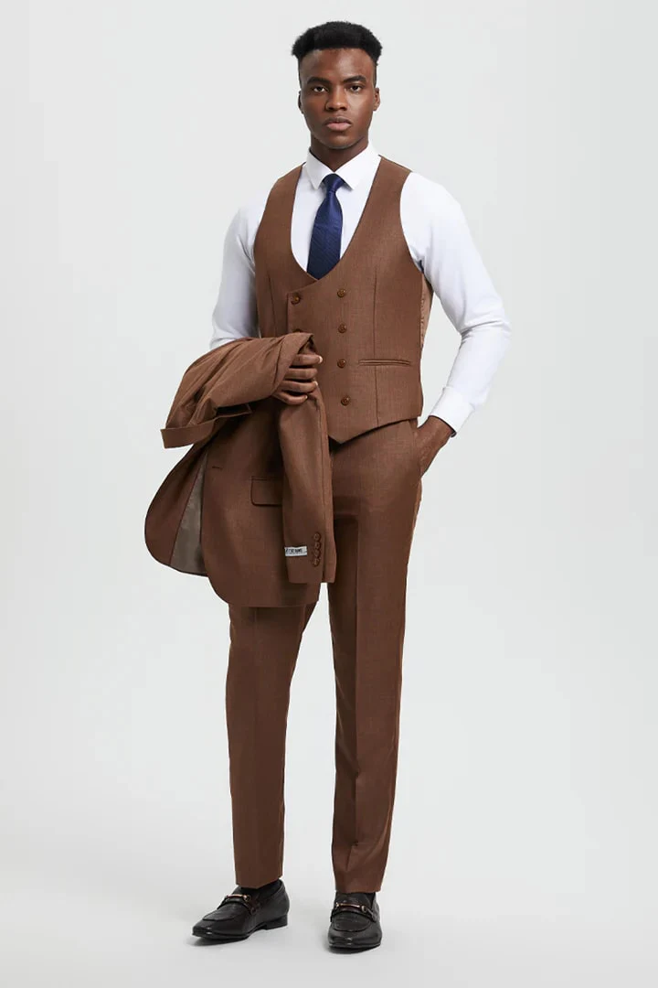 Brown Wedding Suit - Jacket + Pants - Light Brown Tuxedo - Light Brown Groomsmen Stacy Adam Suit - Image 4