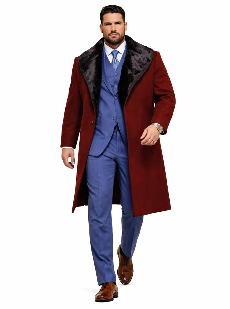 Burgundy Overcoat ~ Long men's Dress Topcoat - Winter coat With Fur Collar And Wool Fabric - Image 2