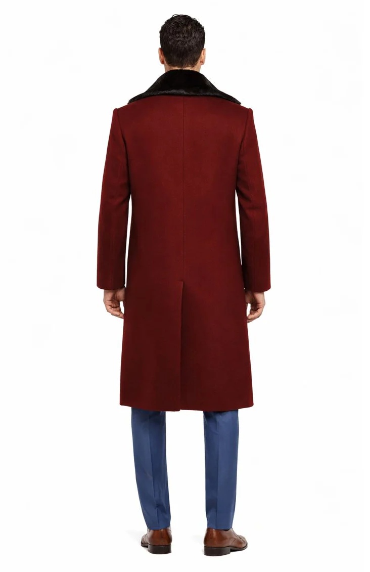 Burgundy Overcoat ~ Long men's Dress Topcoat - Winter coat With Fur Collar And Wool Fabric - Image 3