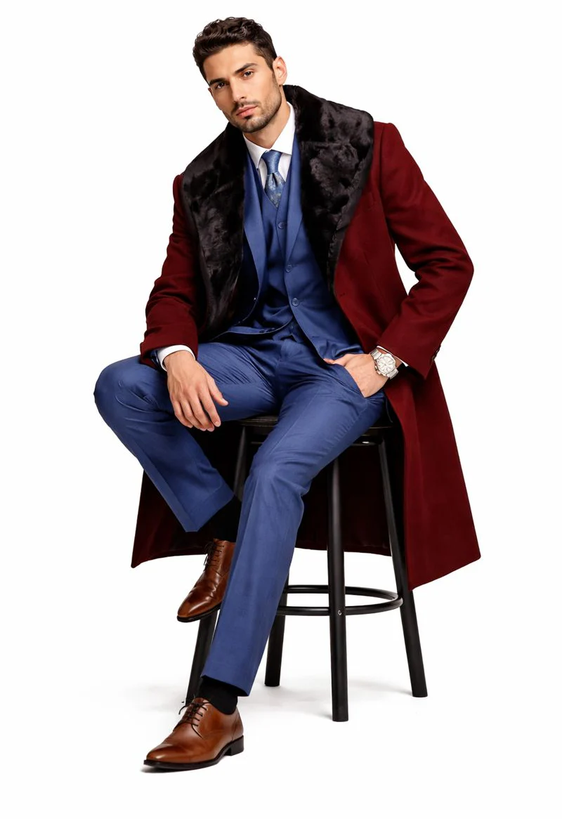Burgundy Overcoat ~ Long men's Dress Topcoat - Winter coat With Fur Collar And Wool Fabric - Image 4