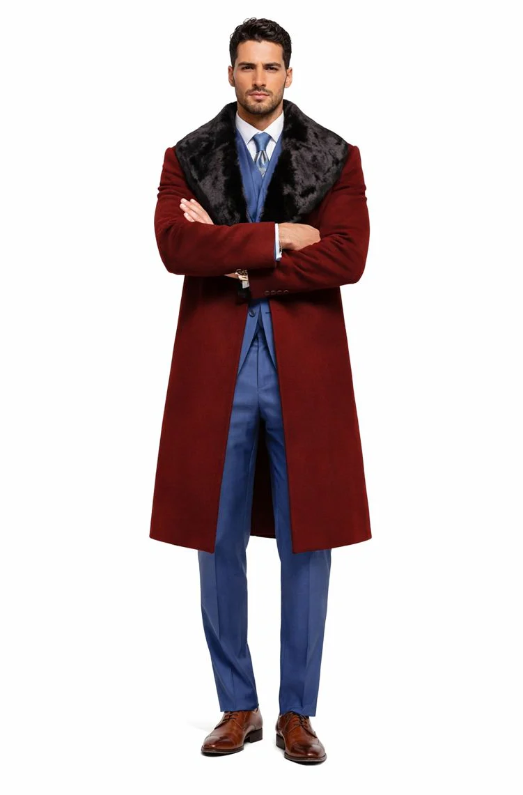 Burgundy Overcoat ~ Long men's Dress Topcoat - Winter coat With Fur Collar And Wool Fabric - Image 5