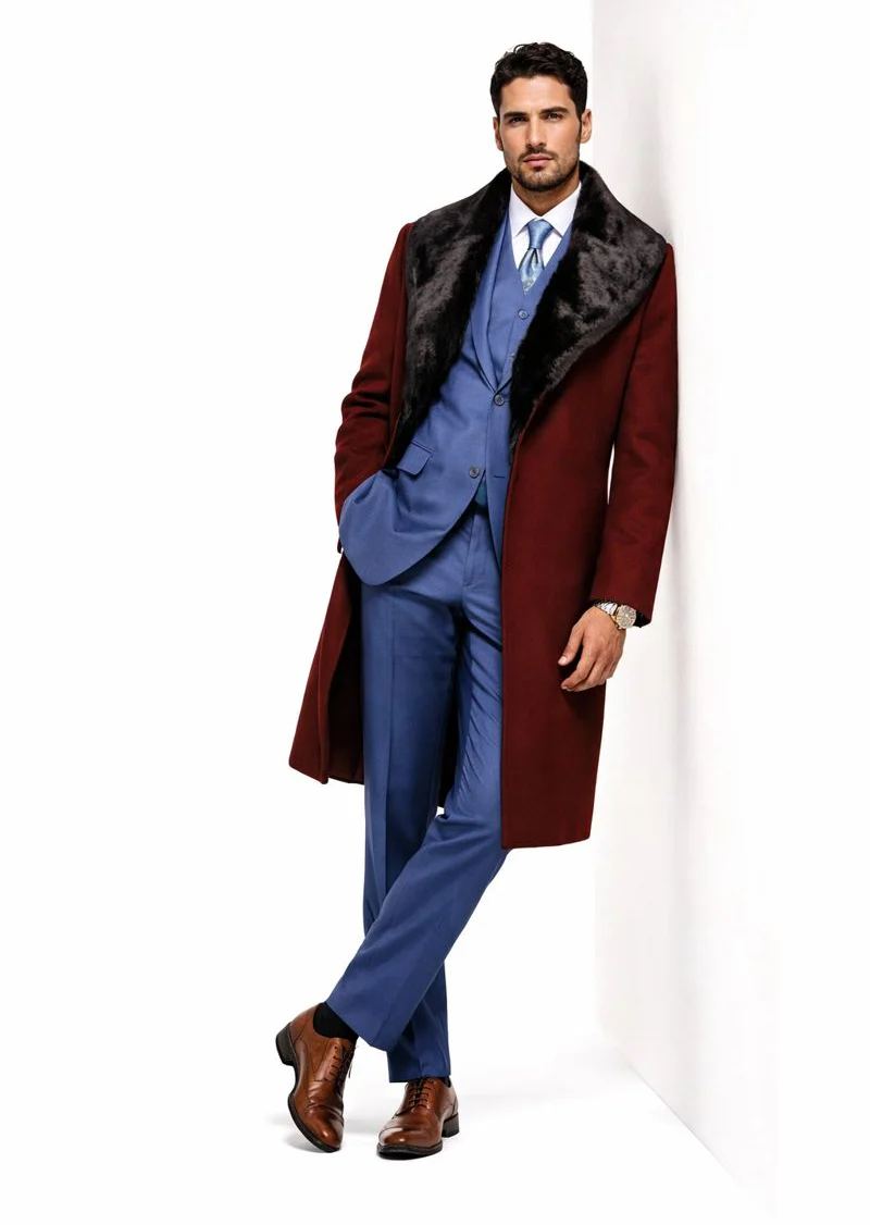 Burgundy Overcoat ~ Long men's Dress Topcoat - Winter coat With Fur Collar And Wool Fabric - Image 6