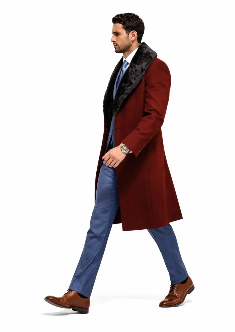 Burgundy Overcoat ~ Long men's Dress Topcoat - Winter coat With Fur Collar And Wool Fabric - Image 7