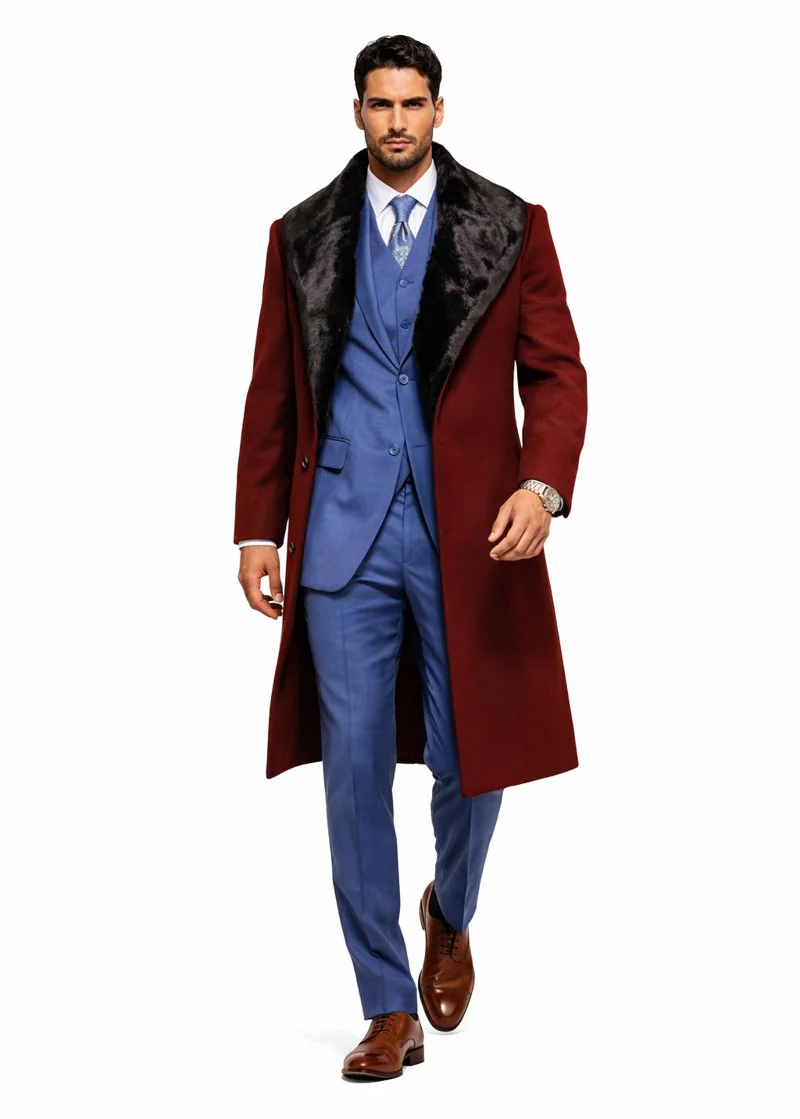 Burgundy Overcoat ~ Long men's Dress Topcoat - Winter coat With Fur Collar And Wool Fabric - Image 8