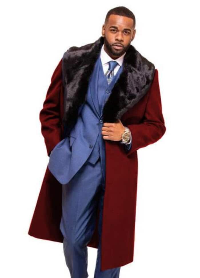 Burgundy Overcoat ~ Long men's Dress Topcoat - Winter coat With Fur Collar And Wool Fabric - Image 9