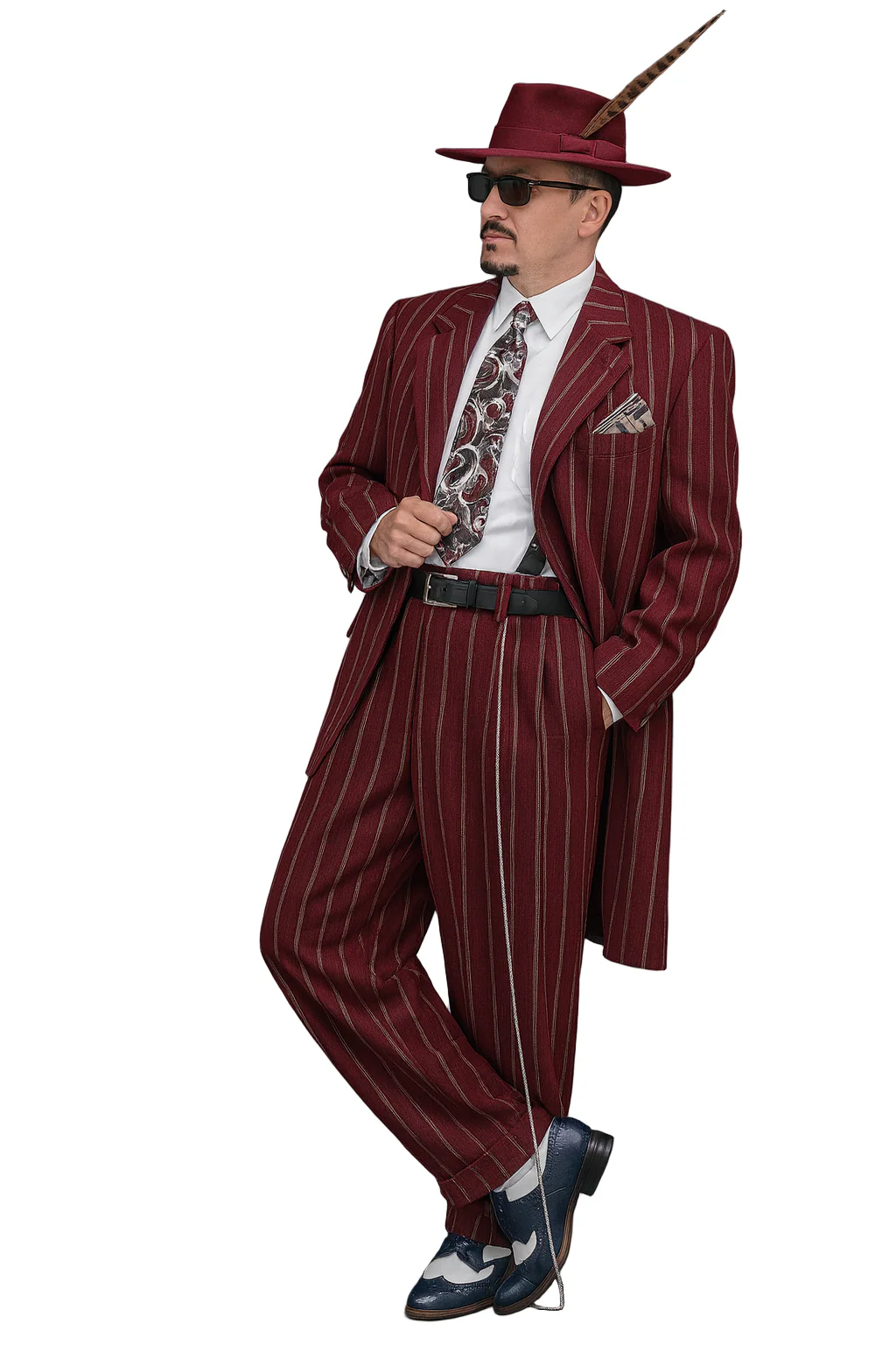 Burgundy Pinstripe Zoot Suit – 3 Piece 1920s/1930s Gangster Outfit (Jacket and Pants and Vest)  Vintage Fashion - Image 4
