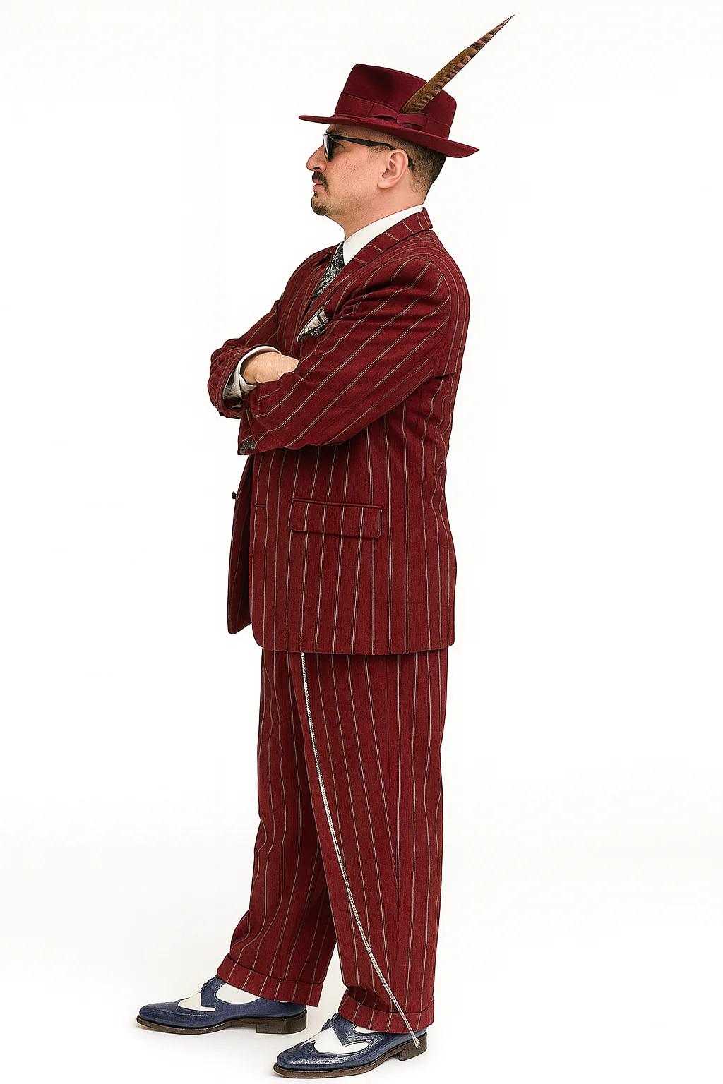 Burgundy Pinstripe Zoot Suit – 3 Piece 1920s/1930s Gangster Outfit (Jacket and Pants and Vest)  Vintage Fashion - Image 5