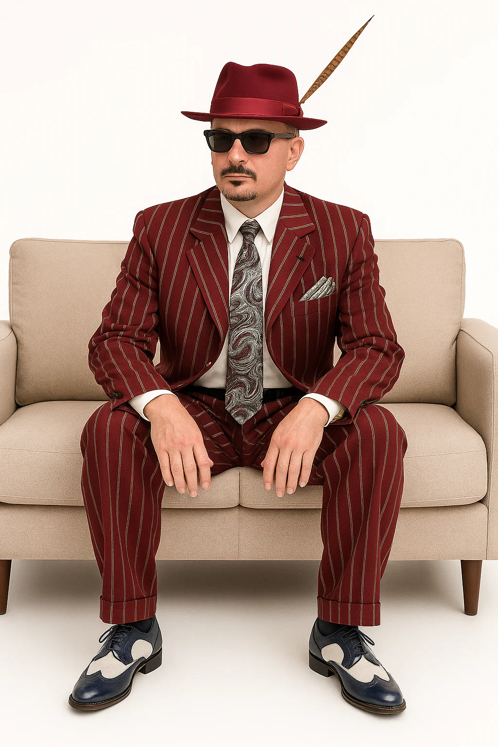 Burgundy Pinstripe Zoot Suit – 3 Piece 1920s/1930s Gangster Outfit (Jacket and Pants and Vest)  Vintage Fashion - Image 6