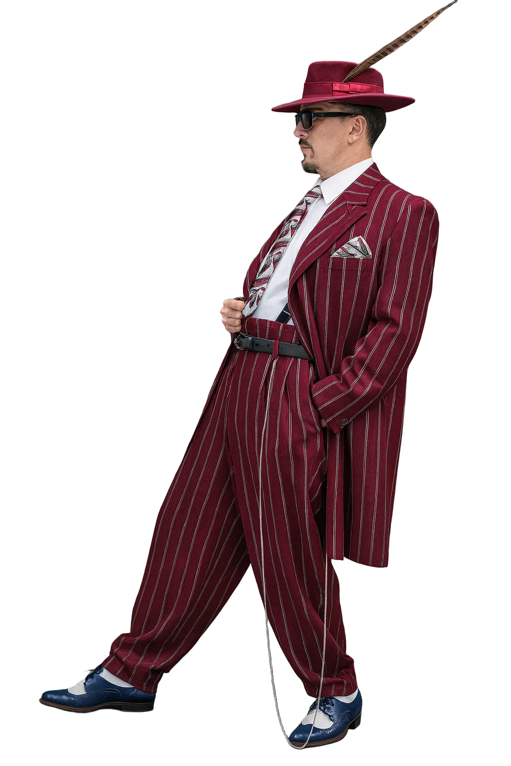 Burgundy Pinstripe Zoot Suit – 3 Piece 1920s/1930s Gangster Outfit (Jacket and Pants and Vest)  Vintage Fashion - Image 8