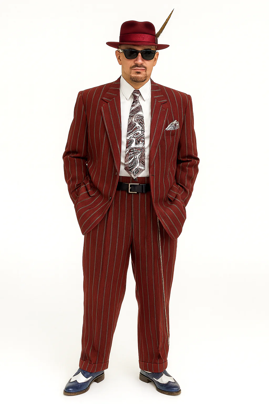 Burgundy Pinstripe Zoot Suit – 3 Piece 1920s/1930s Gangster Outfit (Jacket and Pants and Vest)  Vintage Fashion - Image 9