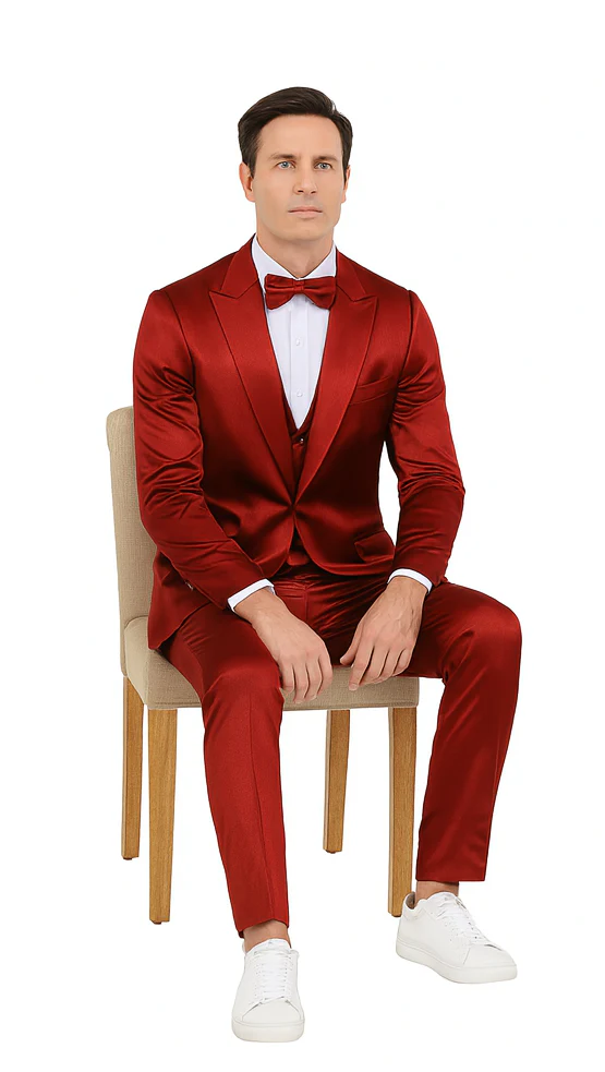 Burgundy Satin double breasted vest 3 piece skinny fit Tazzio mens suit with peak lapel and matching bowtie - Image 4