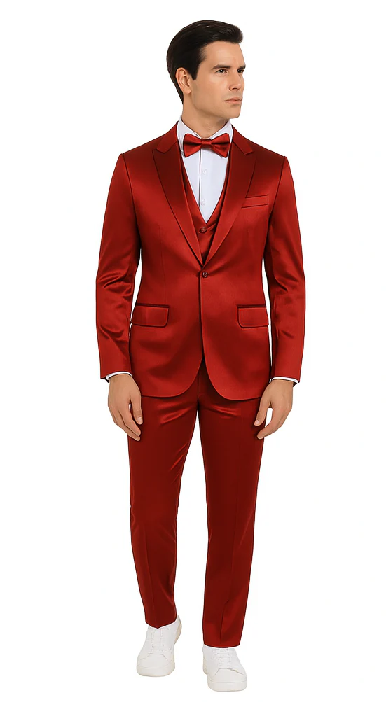 Burgundy Satin double breasted vest 3 piece skinny fit Tazzio mens suit with peak lapel and matching bowtie - Image 5