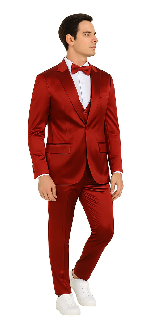 Burgundy Satin double breasted vest 3 piece skinny fit Tazzio mens suit with peak lapel and matching bowtie - Image 6