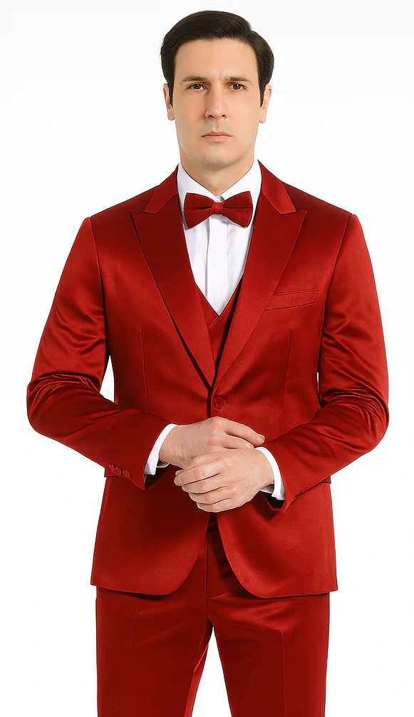 Burgundy Satin double breasted vest 3 piece skinny fit Tazzio mens suit with peak lapel and matching bowtie - Image 7