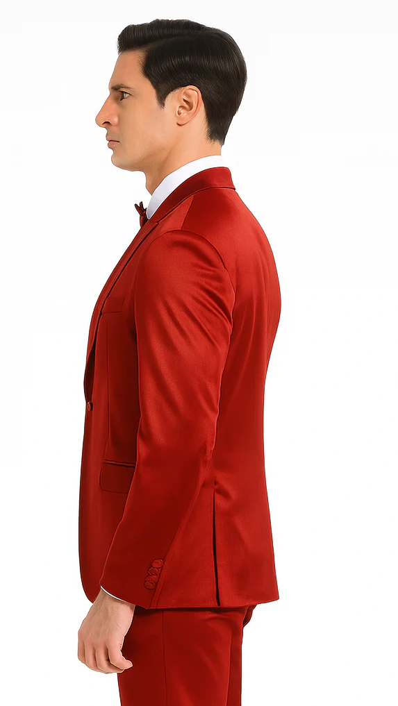Burgundy Satin double breasted vest 3 piece skinny fit Tazzio mens suit with peak lapel and matching bowtie - Image 8