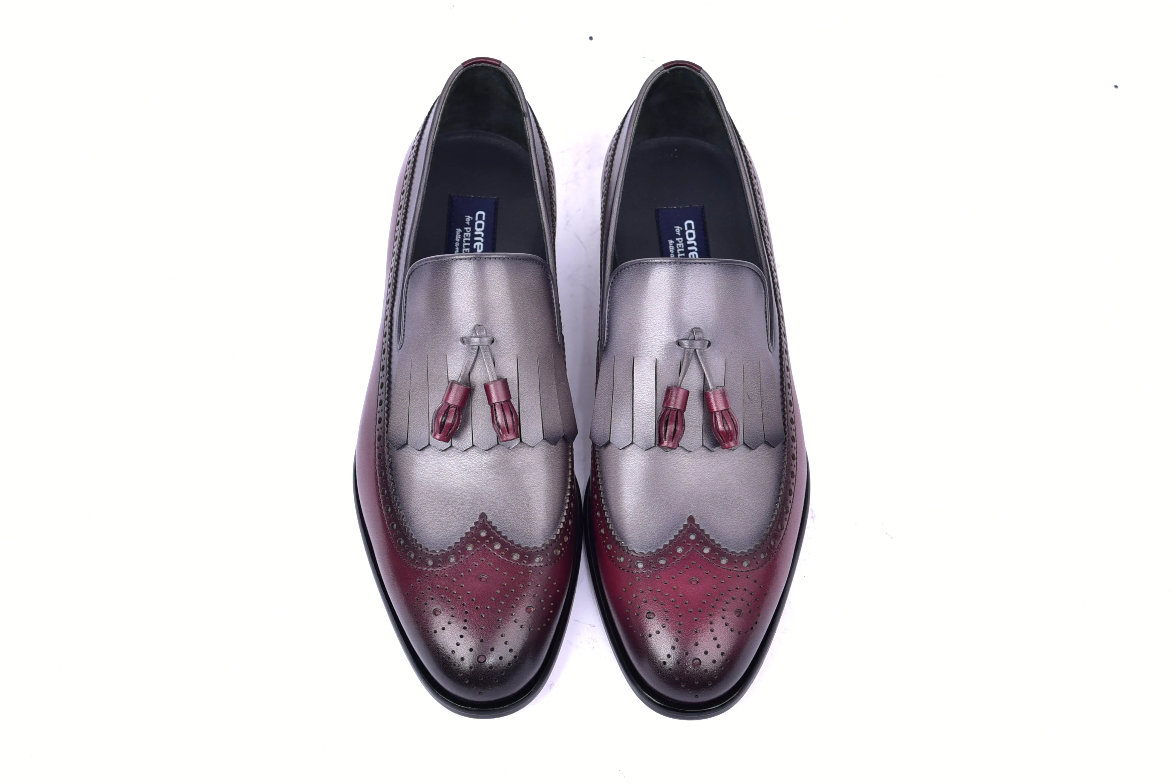 C00018-7397 Wing tip Kiltie Tassel Loafer-Burgundy/Grey - Image 4