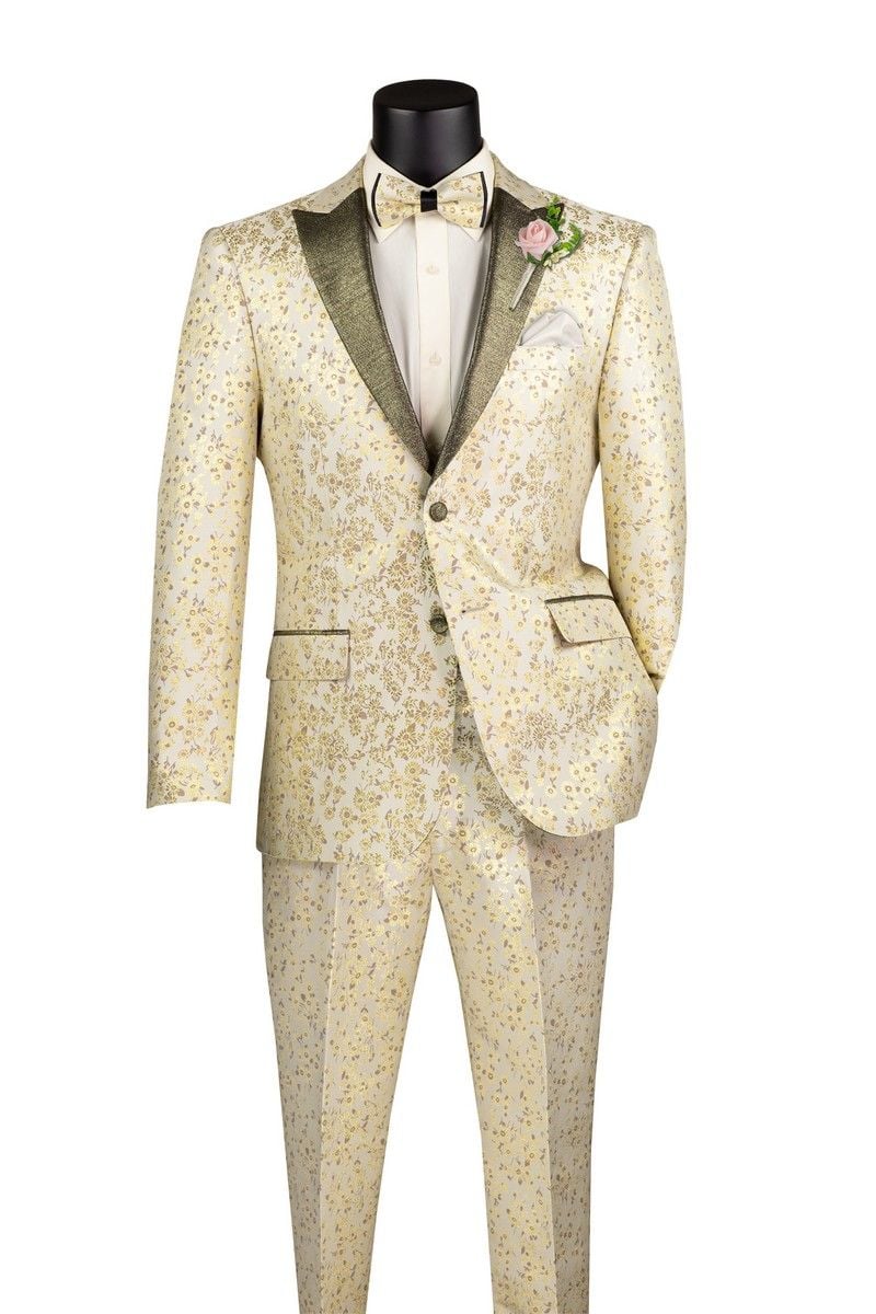 Champagne Gold Floral Tuxedo Suit for Men – Two-Piece Wedding Tux with Bow Tie and Satin Lapel - Image 2