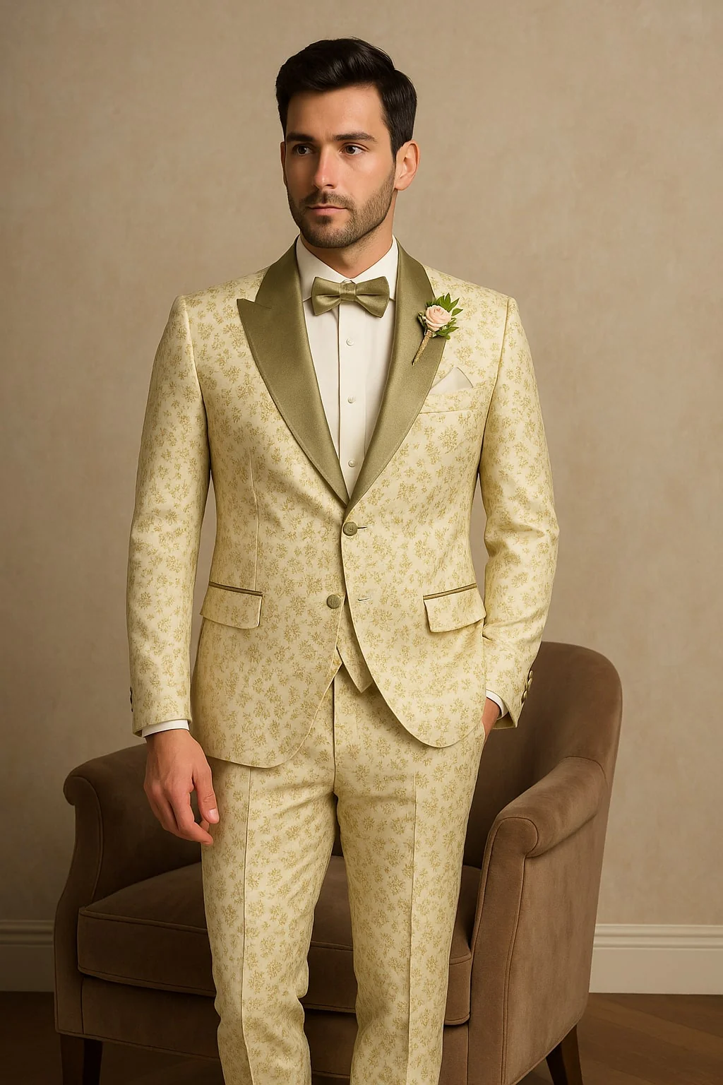 Champagne Gold Floral Tuxedo Suit for Men – Two-Piece Wedding Tux with Bow Tie and Satin Lapel - Image 3