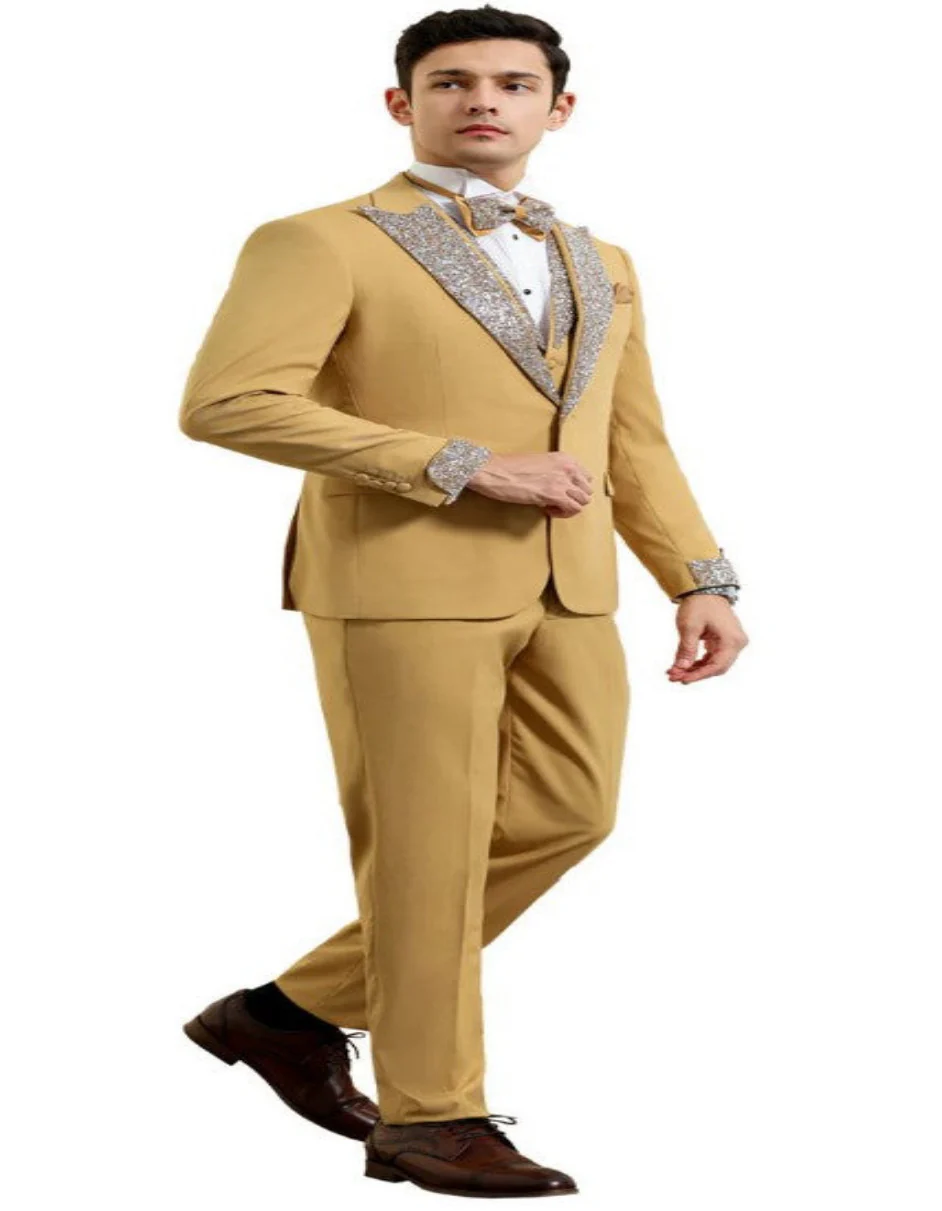Champagne Prom Tuxedo - Perfect Wedding Suit Vested Rhinestone sequin Lapelled - Image 3