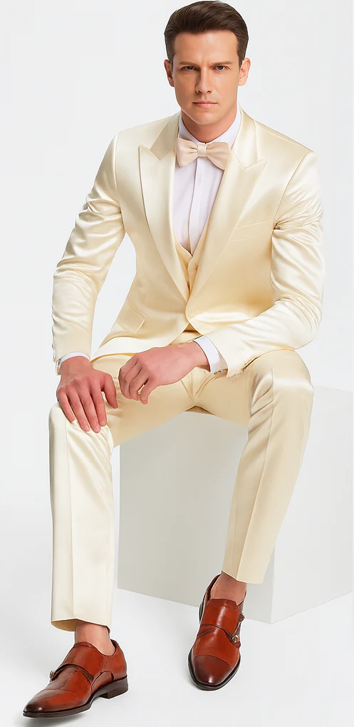 Champagne Satin Double Breasted Peak Lapel 3 Piece Skinny Fit Tazzio Men's Suit with Matching Bowtie - Image 3