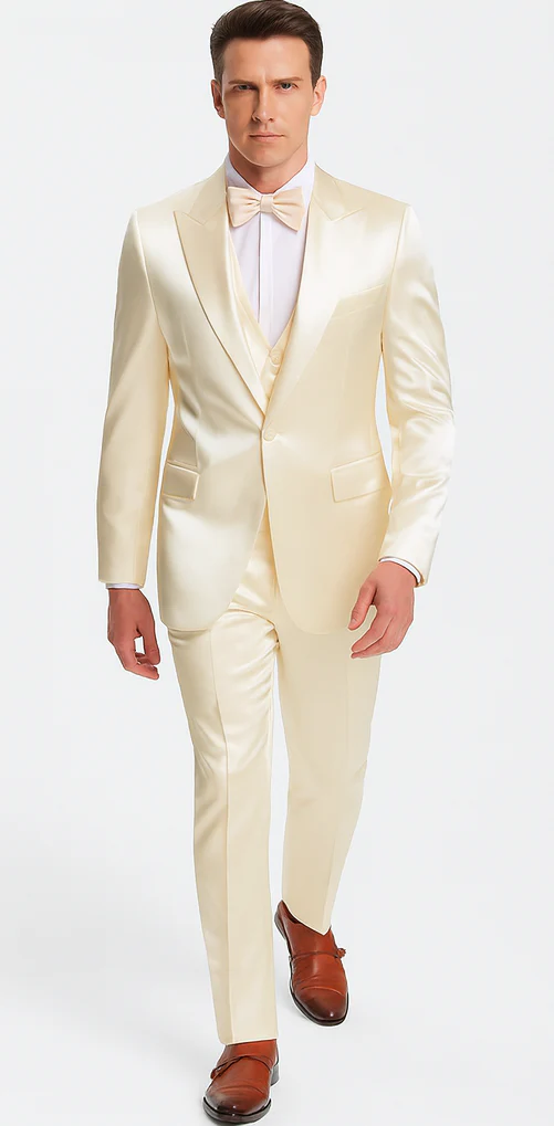 Champagne Satin Double Breasted Peak Lapel 3 Piece Skinny Fit Tazzio Men's Suit with Matching Bowtie - Image 4
