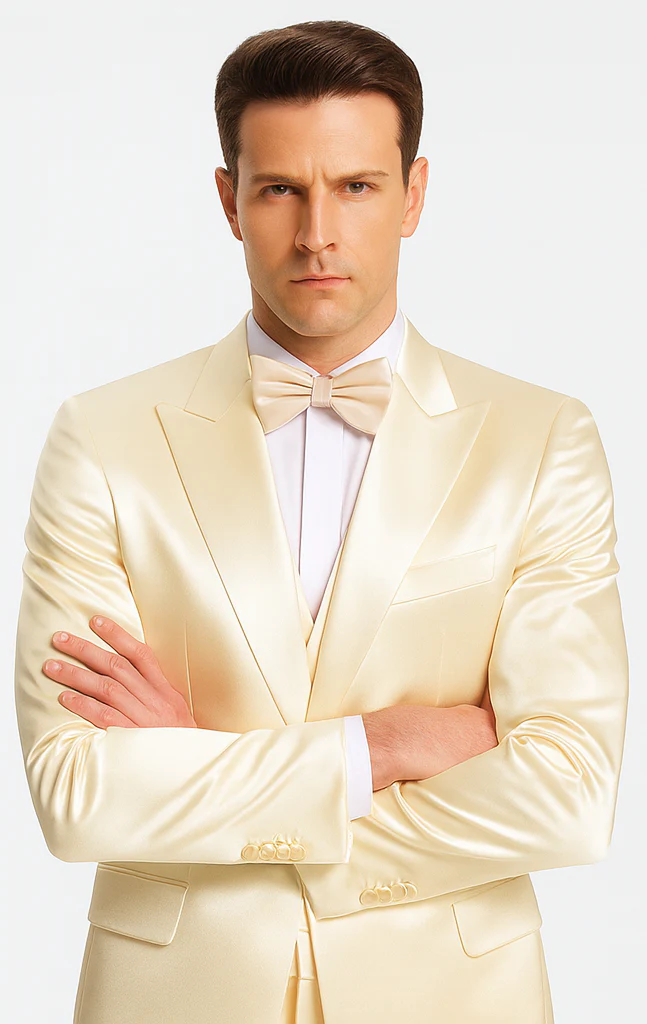 Champagne Satin Double Breasted Peak Lapel 3 Piece Skinny Fit Tazzio Men's Suit with Matching Bowtie - Image 5