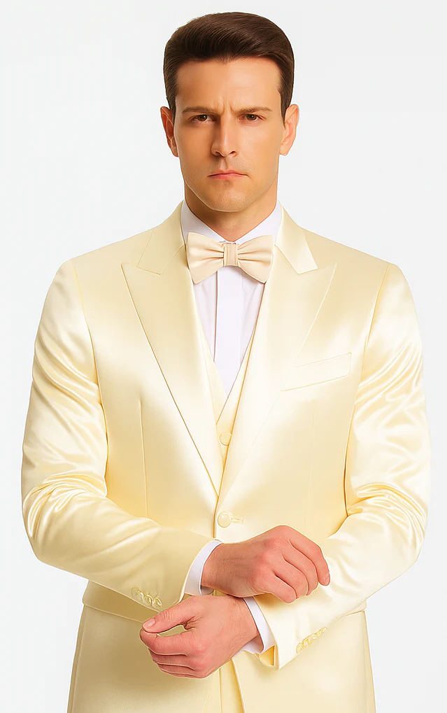 Champagne Satin Double Breasted Peak Lapel 3 Piece Skinny Fit Tazzio Men's Suit with Matching Bowtie - Image 6