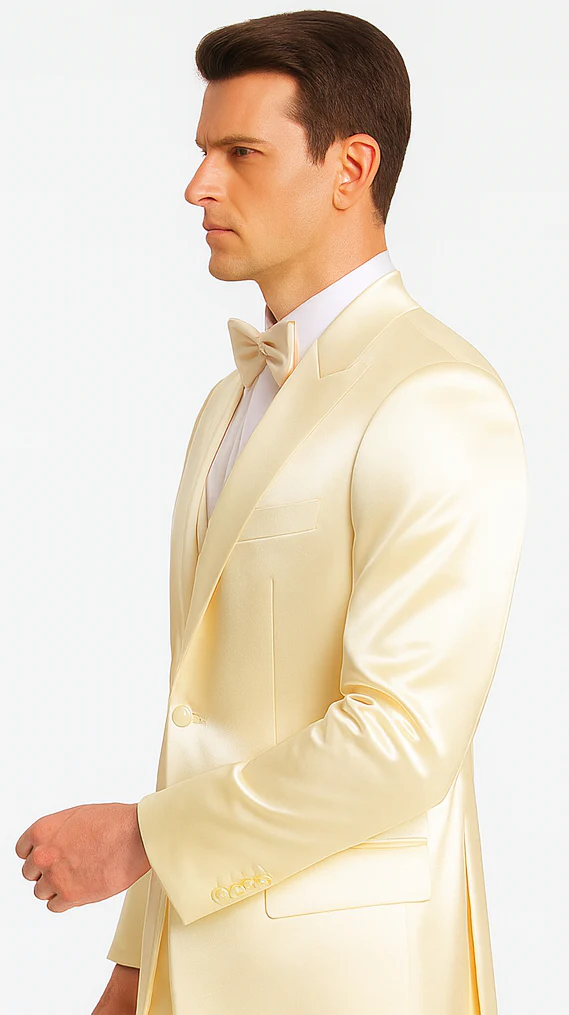Champagne Satin Double Breasted Peak Lapel 3 Piece Skinny Fit Tazzio Men's Suit with Matching Bowtie - Image 7