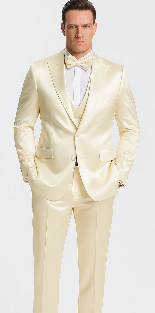 Champagne Satin Double Breasted Peak Lapel 3 Piece Skinny Fit Tazzio Men's Suit with Matching Bowtie - Image 8