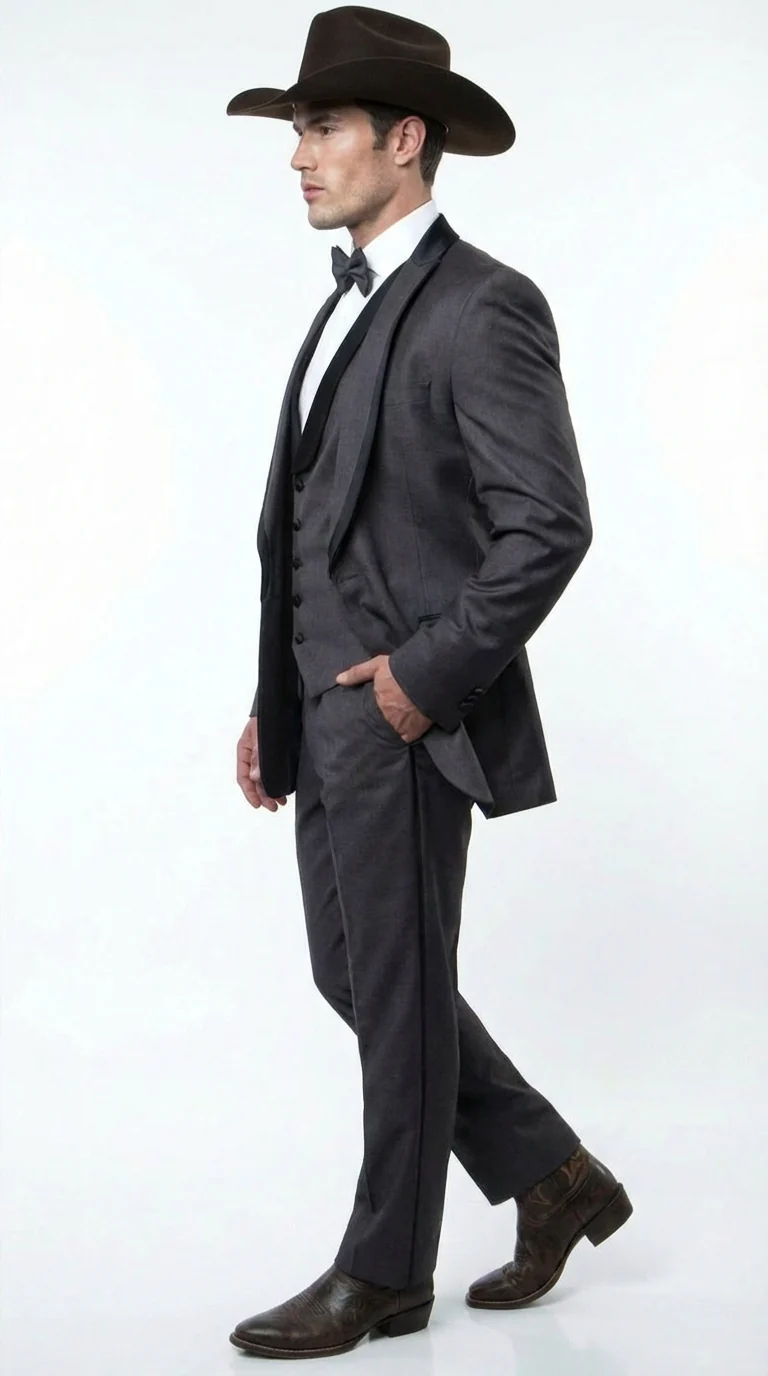 Charcoal Gray Western Tuxedo for Men | Classic Three Piece Formal Wedding and Evening Cowboy Tuxedo Suit With Trim Peak Lapel - Image 10